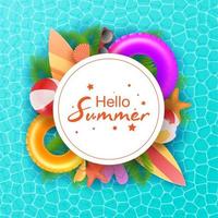 Hello Summer typographic on withe circle background. Tropical plants, flower, beach ball, sunglasses, cocktail, ice cream, watermelone, orange and sea shells. Vector illustration.