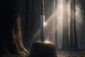 espada excalibur atascado en el Roca en el medio de el bosque. digital ilustración ai foto