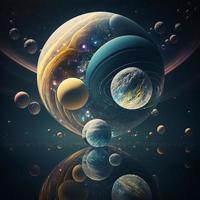 Multiverse with several planets and galaxies. AI photo