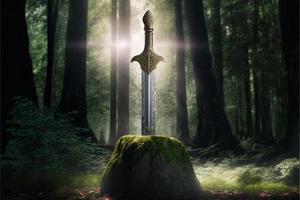 Sword Excalibur stuck in the stone in the middle of the forest. Digital illustration AI photo