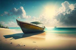 Beach landscape with boat, sea and sky with clouds and sun. AI photo