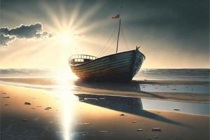 Beach landscape with boat, sea and sky with clouds and sun. AI photo