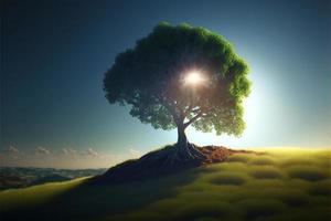 Landscape of tree on the hill with field, clouds and sunbeams in the sky. Digital illustration. AI photo