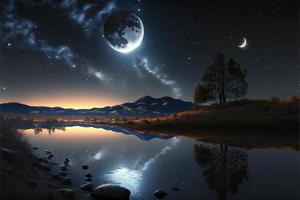 Lake landscape with mountains and full moon in the sky. AI photo