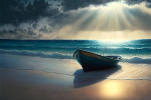 Beach landscape with boat, sea and sky with clouds and sun. AI photo