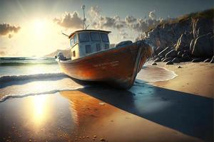 Beach landscape with boat, sea and sky with clouds and sun. AI photo