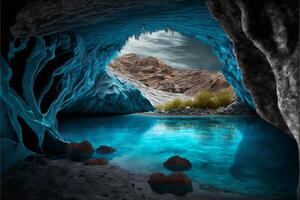 Cave with lake of blue water with mountains in the background. photo