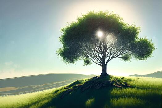 Landscape of tree on the hill with field, clouds and sunbeams in the sky. Digital illustration. AI photo