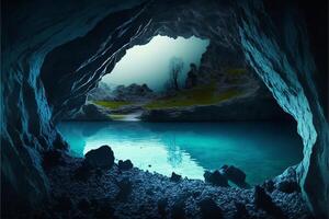 Cave with lake of blue water with mountains in the background. photo