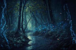 Mystical forest with blue fog. AI photo