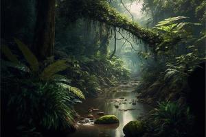 Tropical forest landscape with lake. AI photo