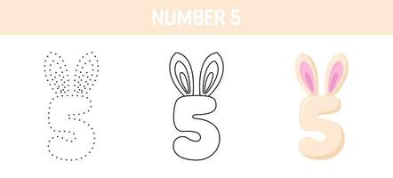 Number 5 tracing and coloring worksheet for kids vector