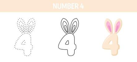 Number 4 tracing and coloring worksheet for kids vector