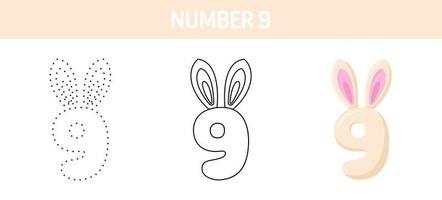 Number 9 tracing and coloring worksheet for kids vector