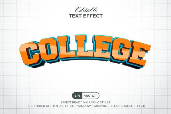 College 3D Text Effect Curved Style. Editable Text Effect.