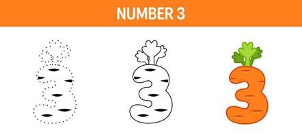 Number 3 tracing and coloring worksheet for kids vector