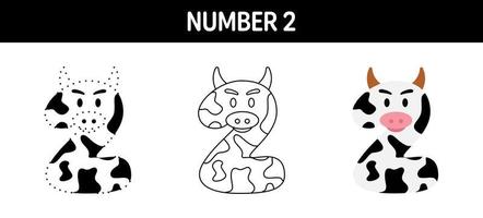 Number 2 tracing and coloring worksheet for kids vector