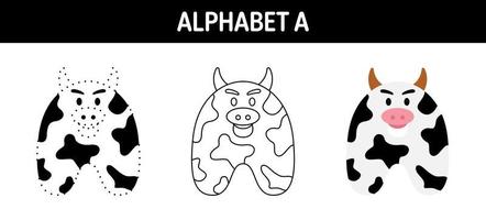 Alphabet A tracing and coloring worksheet for kids vector