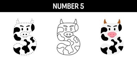 Number 5 tracing and coloring worksheet for kids vector