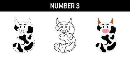 Number 3 tracing and coloring worksheet for kids vector