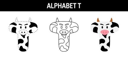 Alphabet T tracing and coloring worksheet for kids vector