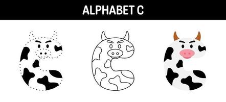 Alphabet C tracing and coloring worksheet for kids vector