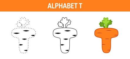 Alphabet T tracing and coloring worksheet for kids vector