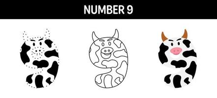 Number 9 tracing and coloring worksheet for kids vector