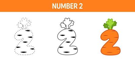 Number 2 tracing and coloring worksheet for kids vector