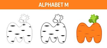 Alphabet M tracing and coloring worksheet for kids vector