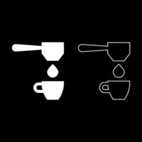 Coffee drop in cup filtering cuping portafilter drip set icon white color vector illustration image solid fill outline contour line thin flat style