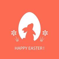 Happy Easter. Silhouettes of rabbit and eggs with spring flowers. Easter greeting card on red background. Minimalism design. Vector illustration.