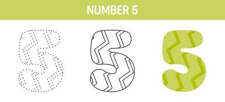 Number 5 tracing and coloring worksheet for kids vector