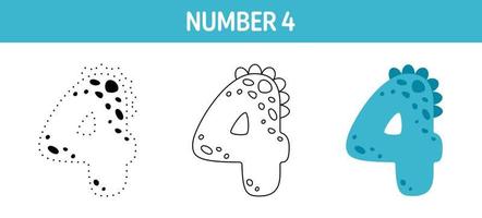 Number 4 tracing and coloring worksheet for kids vector