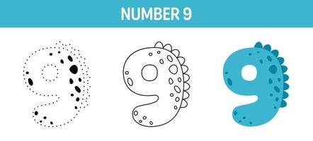 Number 9 tracing and coloring worksheet for kids vector