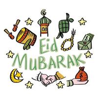 Set of doodle Eid Mubarak. Hand drawing illustration. vector