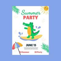 Flat summer party poster with crocodile vector