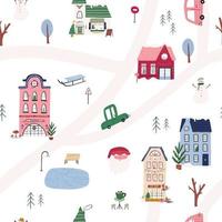 Cute seamless pattern with concept of winter holidays, cartoon flat vector illustration on white background. Small town map pattern with decorated houses, Christmas trrs, cars, roads and Santa Claus.