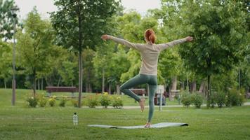 mujer sentado en yoga actitud y medita en el parque. video