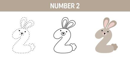 Number 2 tracing and coloring worksheet for kids vector