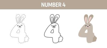 Number 4 tracing and coloring worksheet for kids vector