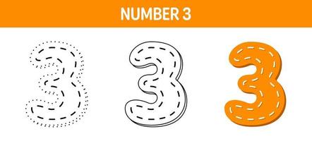 Number 3 tracing and coloring worksheet for kids vector