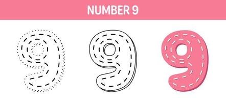 Number 9 tracing and coloring worksheet for kids vector