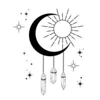 Moon with precious crystals on chains, stars, sun. Diamonds. Abstract symbol for cosmetics and packaging, jewelry, logo, tattoo. linear style. Esoteric vector