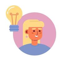 Blond girl with lightbulb semi flat color vector character avatar. Editable icon for user profile. Round badge on white. Simple cartoon style spot illustration for web graphic design, animation