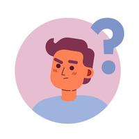 Man asking question semi flat color vector character avatar. Editable icon for user profile. Round badge with person on white. Simple cartoon style spot illustration for web graphic design, animation