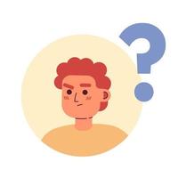 Guy feels uncertainty semi flat color vector character avatar. Editable icon for profile. Round badge with person on white. Simple cartoon style spot illustration for web graphic design, animation