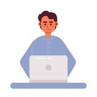 Pleasant man working on laptop semi flat color vector character. Coder. Editable figure. Full body person on white. Simple cartoon style spot illustration for web graphic design and animation