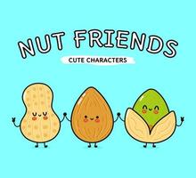 Cute, funny happy almonds, peanuts and pistachio nut. Vector hand drawn cartoon kawaii characters, illustration icon. Funny happy cartoon almond, peanut and pistachio nut mascot friends concept