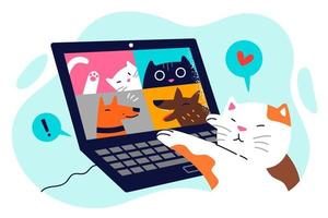 Cat is talking with animal friends via video conference using laptop for online negotiations. Videoconference of pets with digital technologies parodying teamwork and business rallies vector